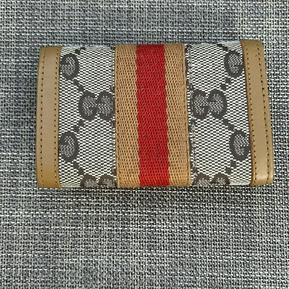Gucci 6 ring key card holder GG logo canvas + leather orange tan stripe - Picture 3 of 13